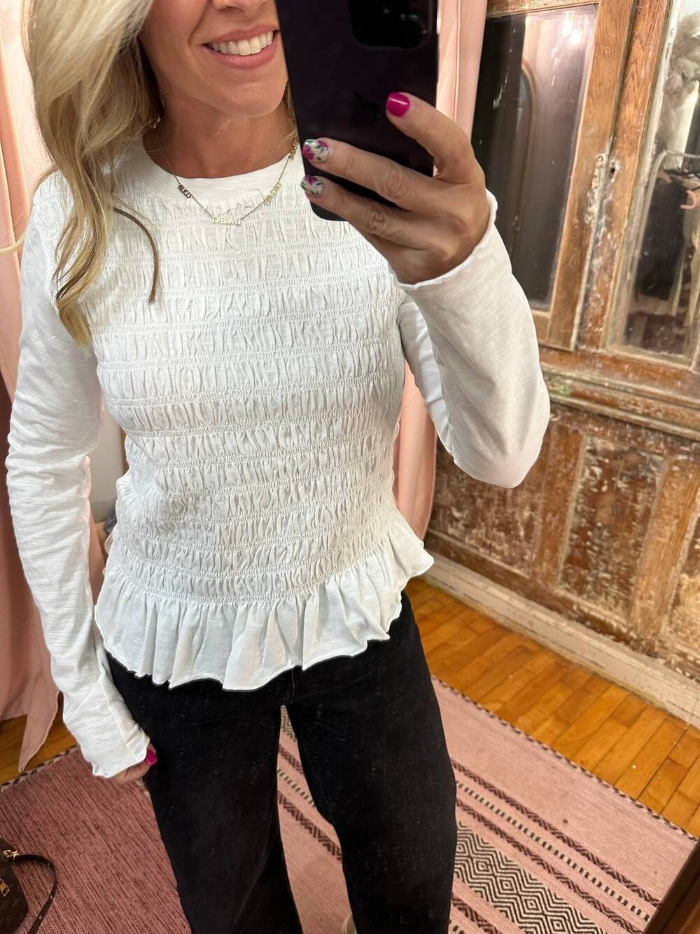 NEW EE:SOME smocked slub knit top in white